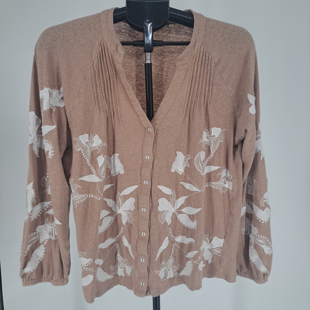 Soft Surroundings Cardigan Sweater Medium Tan Embroidered Linen Blend Boho 2GD61